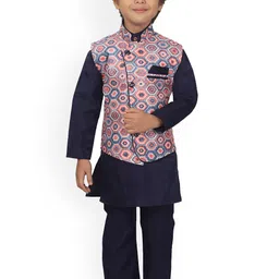 BAESD Boys Mandarin Collar Banarasi Silk Kurta With Pyjama & Waistcoat-38