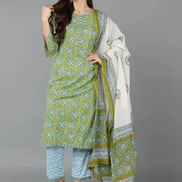 AHIKA Ethnic Motifs Printed Pure Cotton Kurta With Trousers & Dupatta-image-9
