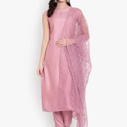 heemara Women Pink Thread Work Kurta with Trousers & With Embroidered Dupatta-image-1