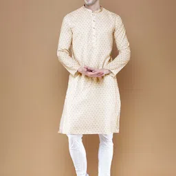 Anouk Beige Floral Printed Mandarin Collar Kurta with Pyjamas-picture-2