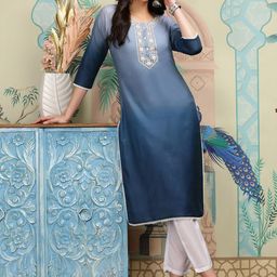Ishin Ombre Embroidered Dyed Round Neck Three-Quarter Sleeves Thread Work Kurta Set-1