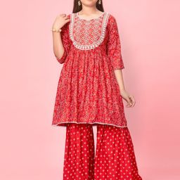 Aarika Girls Floral Printed Panelled Thread Work Pure Cotton Kurti with Sharara-picture-11
