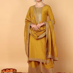 KALINI Floral Embroidered Sequinned Kurta With Palazzos & Dupatta-2
