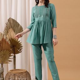 indo street Ethnic Motifs Yoke Design Round Neck Thread Work Sequined Kurti & Trousers-image-26