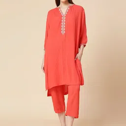 Modern Indian by CHEMISTRY Ethnic Motifs Embroidered Band Collar Straight Kurta & Trousers-picture-39