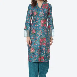 Rangriti Women Turquoise Blue Floral Printed Kurta with Palazzos-image-27