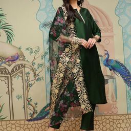 Ishin Green Thread Work Silk Crepe Straight Kurta With Trousers & Dupatta-picture-33