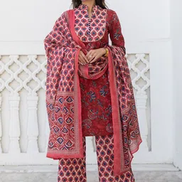 Kohsh Ethnic Motifs Printed Mandarin Collar Pure Cotton Kurta With Palazzos & Dupatta-picture-4