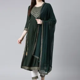 KALINI Ethnic Embroidered Mirror Work High Slit Kurta with Trousers & Dupatta-image-21