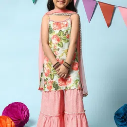 Biba Girls Floral Printed Regular Pure Cotton Kurta With Sharara & Dupatta-image-70