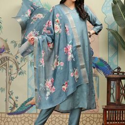 Ishin Teal Blue Ethnic Motifs Embroidered Regular Thread Work Straight Kurta With Trousers-picture-34