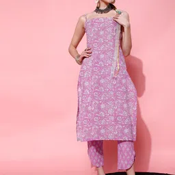 indo street Floral Printed shoulder Straps Pure Cotton Kurta With Trousers-1