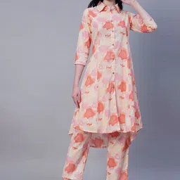 FASHOR Peach Abstract Printed Pathani Pure Cotton Regular Kurta with Trousers-15