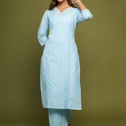 FLAMBOYANT V-Neck Striped Pure Cotton Kurta with Trousers-picture-38