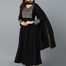 AHIKA Black Ethnic Motifs Yoke Embroidered Sequined Anarkali Kurta & Trousers With Dupatta-image-133