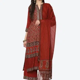 Biba Women Rust Floral Printed Kurta with Palazzos & With Dupatta-image-40