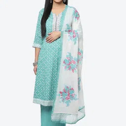 Biba Women Turquoise Ethnic Motifs Printed Kurta with Palazzos & With Dupatta-5