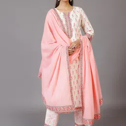 Libas Off White Floral Printed Round Neck Pure Cotton Kurta with Trousers & Dupatta-image-67