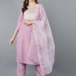 AHIKA Women Lavender Empire Design Panelled Kurta with Trousers & Dupatta-image-4