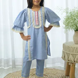 Fairies Forever Girls Self Design Puffed Sleeve Pure Cotton Kurta With Dhoti Pants-picture-39