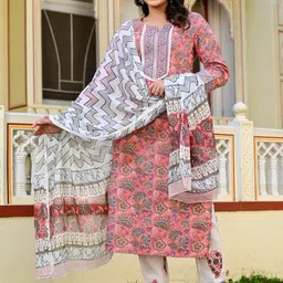 D K W Floral Printed Regular Pure Cotton Kurta With Trousers & Dupatta-picture-12