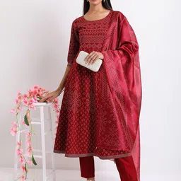 Vishudh Maroon Ethnic Motifs Printed Regular Kurta with Trousers & With Dupatta-image-86