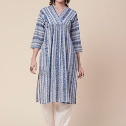 FASHOR Blue & White Colour Ethnic Motifs Printed Empire Kurta With Trousers-picture-46