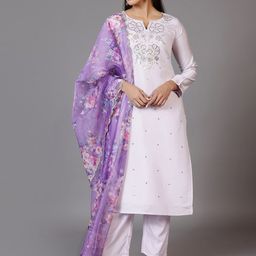 Libas White Floral Yoke Design Sequinned Straight Kurta With Trousers & Dupatta-picture-14