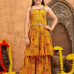 BAESD Girls Ethnic Motifs Printed Regular Mirror Work Kurta with Sharara-picture-16