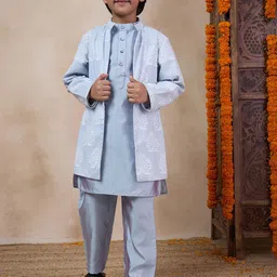 pspeaches Boys Mandarin Collar Long Sleeves Straight Kurta With Pyjamas & Jacket-55