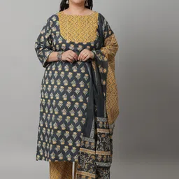 Rajnandini Women Plus Size Floral Printed Pure Cotton Kurta with Trousers & Dupatta-picture-6