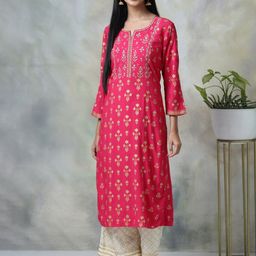Biba Floral Foil Printed Thread Work Kurta with Palazzos-17