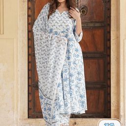 KALINI Floral Printed Gotta Patti Pure Cotton Anarkali Kurta with Trousers & Dupatta-56