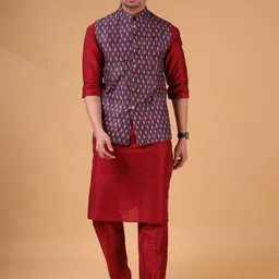 SHIWAM ETHNIX X Mandarin Collar Straight Kurta With Pyjamas & Nehru Jacket-image-91