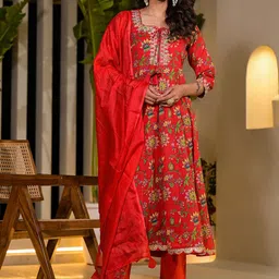 Yufta Floral Printed Empire Sequinned Pure Cotton Kurta with Trouser & Dupatta-35