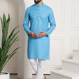 SOJANYA Checked Mandarin Collar Regular Kurta with Churidar-image-46