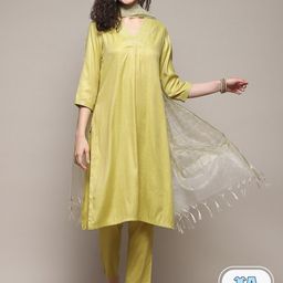 Biba Floral Embroidered Straight Kurta & Trousers With Dupatta-picture-44