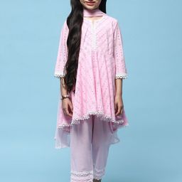 Biba Girls Ethnic Motifs Self Design Kurta with Trousers & With Dupatta-image-99