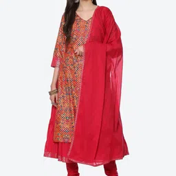 Biba Women Fuchsia Floral Printed Layered Kurta with Churidar & With Dupatta-picture-14