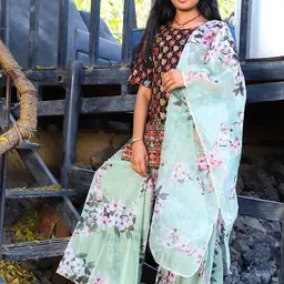 Aks Kids Girls Floral Embroidered Round Neck Straight Kurta with Palazzos & Dupatta-picture-56
