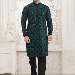 ARRUGA Teal Green Ethnic Motifs Embroidered  Sequinned Straight Kurta With Pyjama-image-28