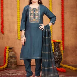 Aarika Girls Ethnic Motifs Yoke Design Pure Silk Straight Kurta & Trouser With Dupatta-image-14