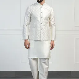 TAHVO Mandarin Collar Solid Dupion Silk Straight Embroidered Kurta Sets-image-78