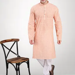 RG DESIGNERS Men Peach & White Cotton Blend Striped Kurta with Pyjamas-picture-24