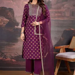 House of Pataudi Embroidered Straight Kurta & Trousers With Dupatta-21