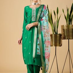 MOKOSH Floral Embroidered Notch Neck Straight Kurta With Trousers And Dupatta-image-87