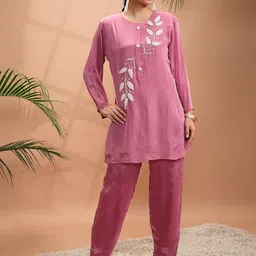 Vishudh Pink Embroidered Pure Cotton Tunic With Trousers-39