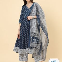 KALINI Floral Printed Angrakha Anarkali Kurta with Trousers & Dupatta-picture-7