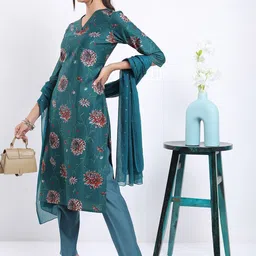 Vishudh Teal Floral Printed Straight Kurta with Trousers With Dupatta-picture-7
