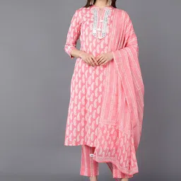 KALINI Paisley Printed Mirror Work Pure Cotton Kurta With Trousers & Dupatta-image-21